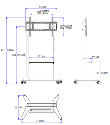 Estante móvil ajustable para TV Tabla blanca interactiva 55/75/86 pulgadas Ruedas silenciosas