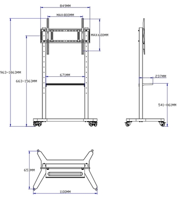 55" - 86" Stand de TV móvil ajustable con ruedas, compatibilidad para pantallas planas / curvas de 43"-100" hasta 220 libras marco de acero, 5 opciones de altura, carrito de TV rodante