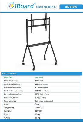 Nuevo soporte interactivo para pizarra blanca, móvil, para TV de 42 a 75 pulgadas, elevación de monitor, soporte móvil, capacidad máxima 60 kg, ruedas potentes, fácil de mover para soporte móvil de pizarra blanca interactiva