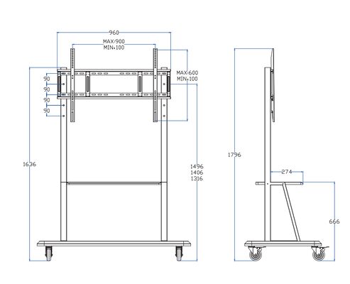 Estante de carro de televisión móvil ajustable en altura para pantallas de 65"-100"