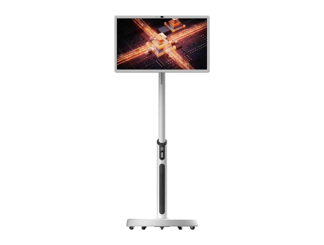 Venta de fábrica 32 pulgadas blanco cargable ktv restaurante mostrando sala escenario touch paneles android tableta con ruedas móviles una cámara y altavoces